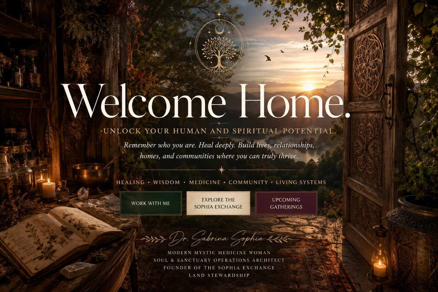 Welcome home — sanctuary doorway opening onto a sunset valley