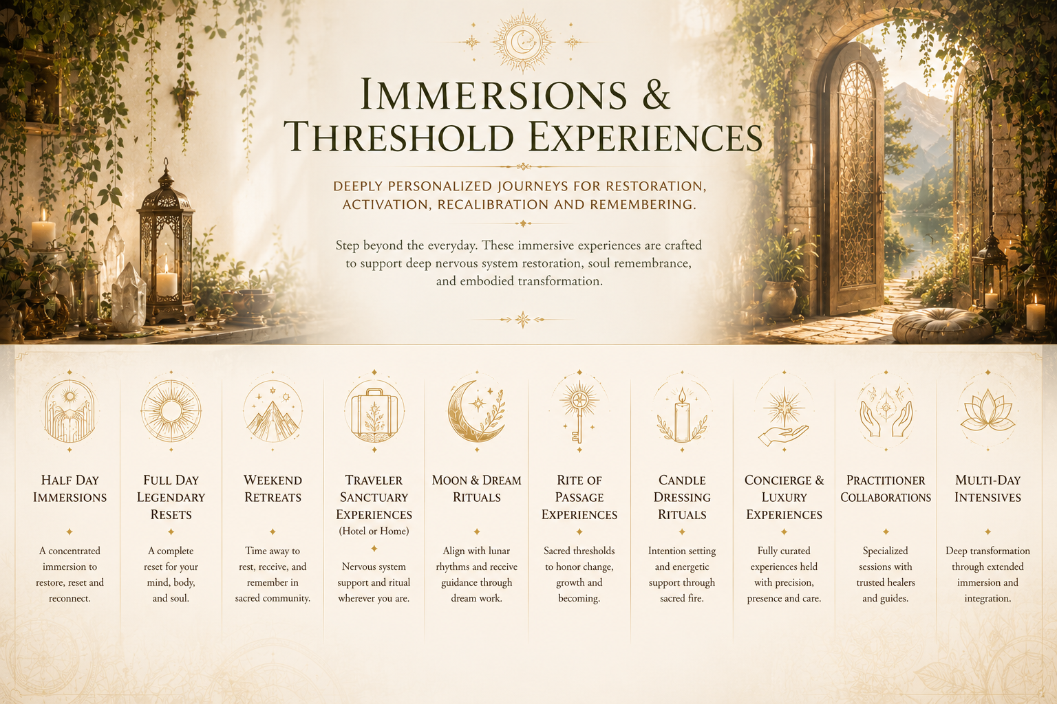 Immersions & Threshold Experiences — personalized journeys for restoration, activation, recalibration and remembering